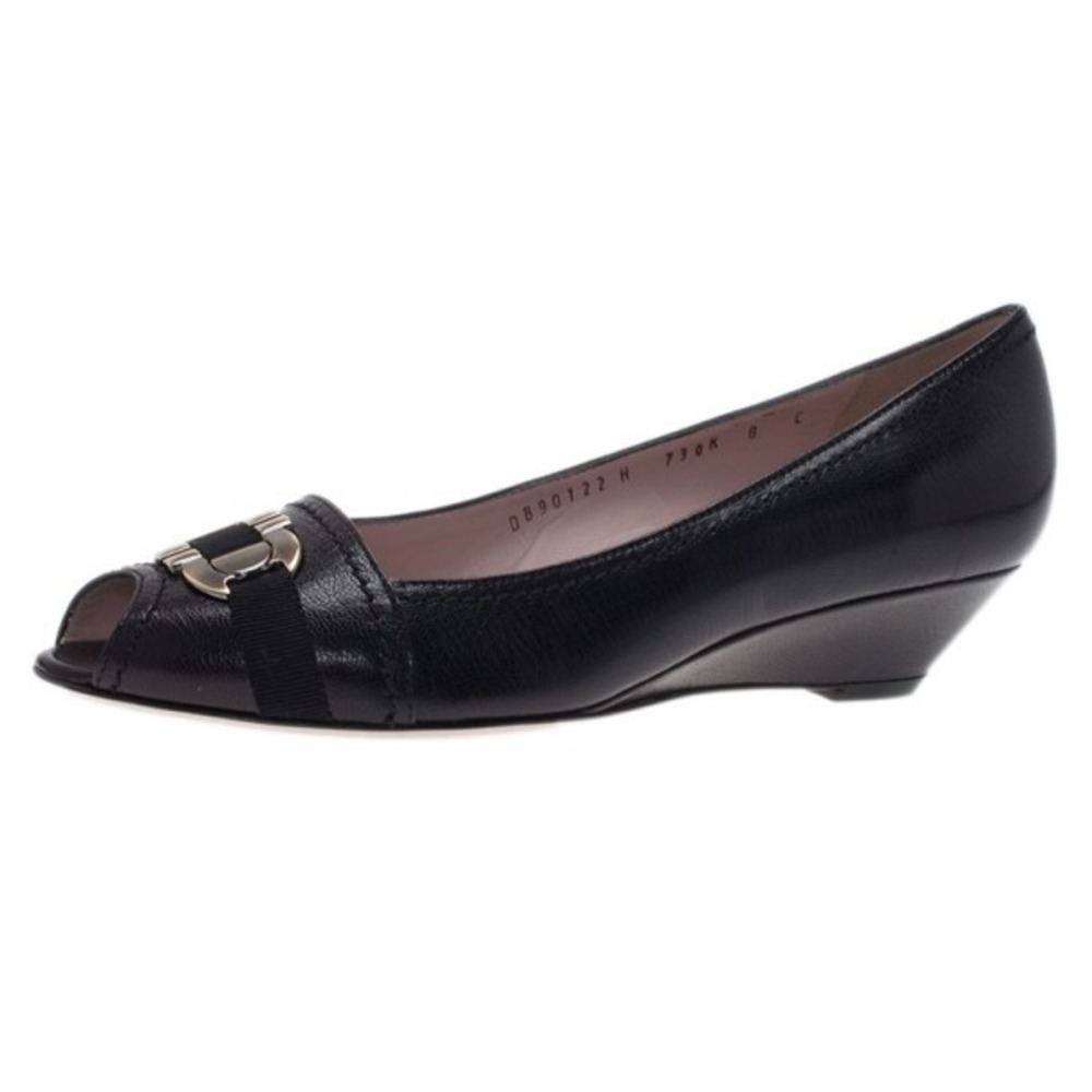 Vintage Y2K Salvatore Ferragamo Metallic Leather Gancini Bit Wedge Pump Size 5